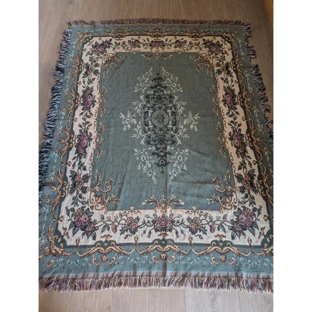 Vintage Woven Tapestry Throw Blanket Floral Damask Sage Green Fringe Grannycore
